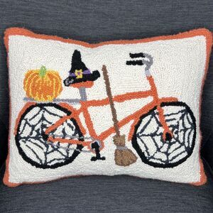 Halloween Witch Bicycle Hooked Wool Throw Pillow 17 X 14 Spider Webs